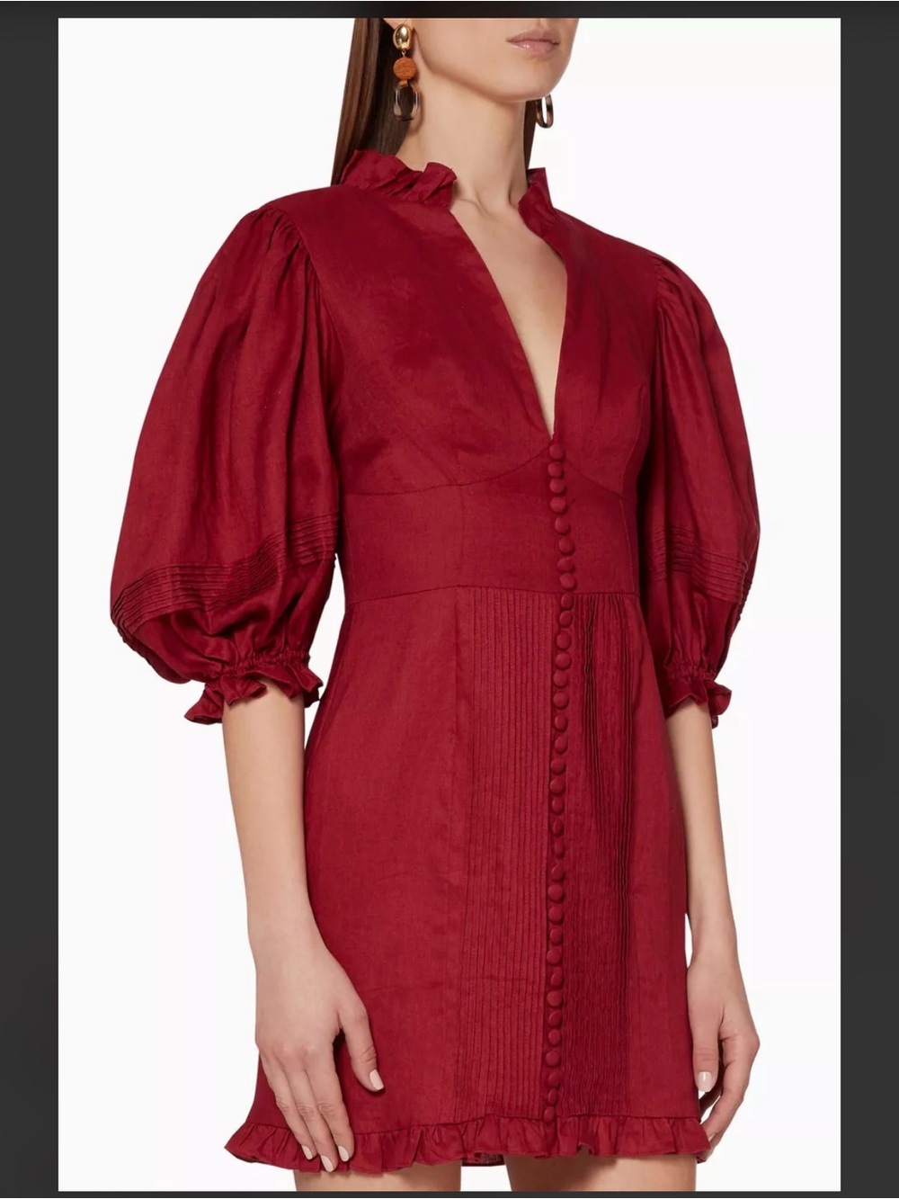 Haute Rogue red linen/cotton mini dress w puffed sleeves - Picture 2 of 13